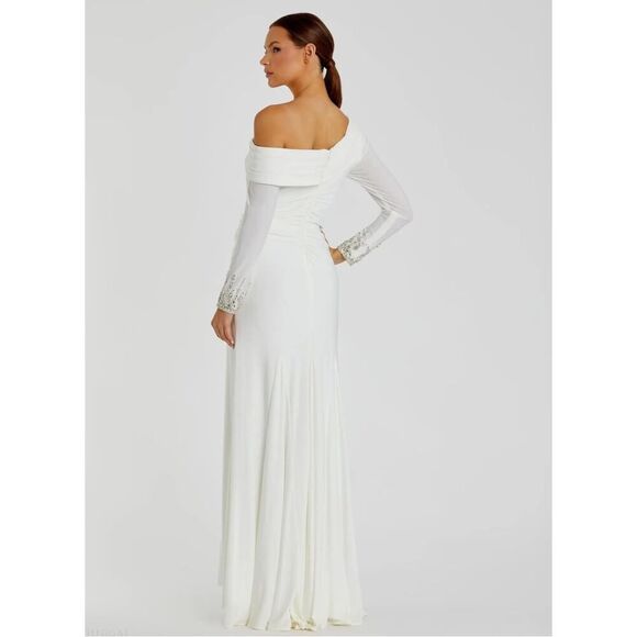 Mac Duggal White Beaded Cuff Drop Shoulder Faux Wrap Gown - Size 0 - NWT - Picture 2 of 5